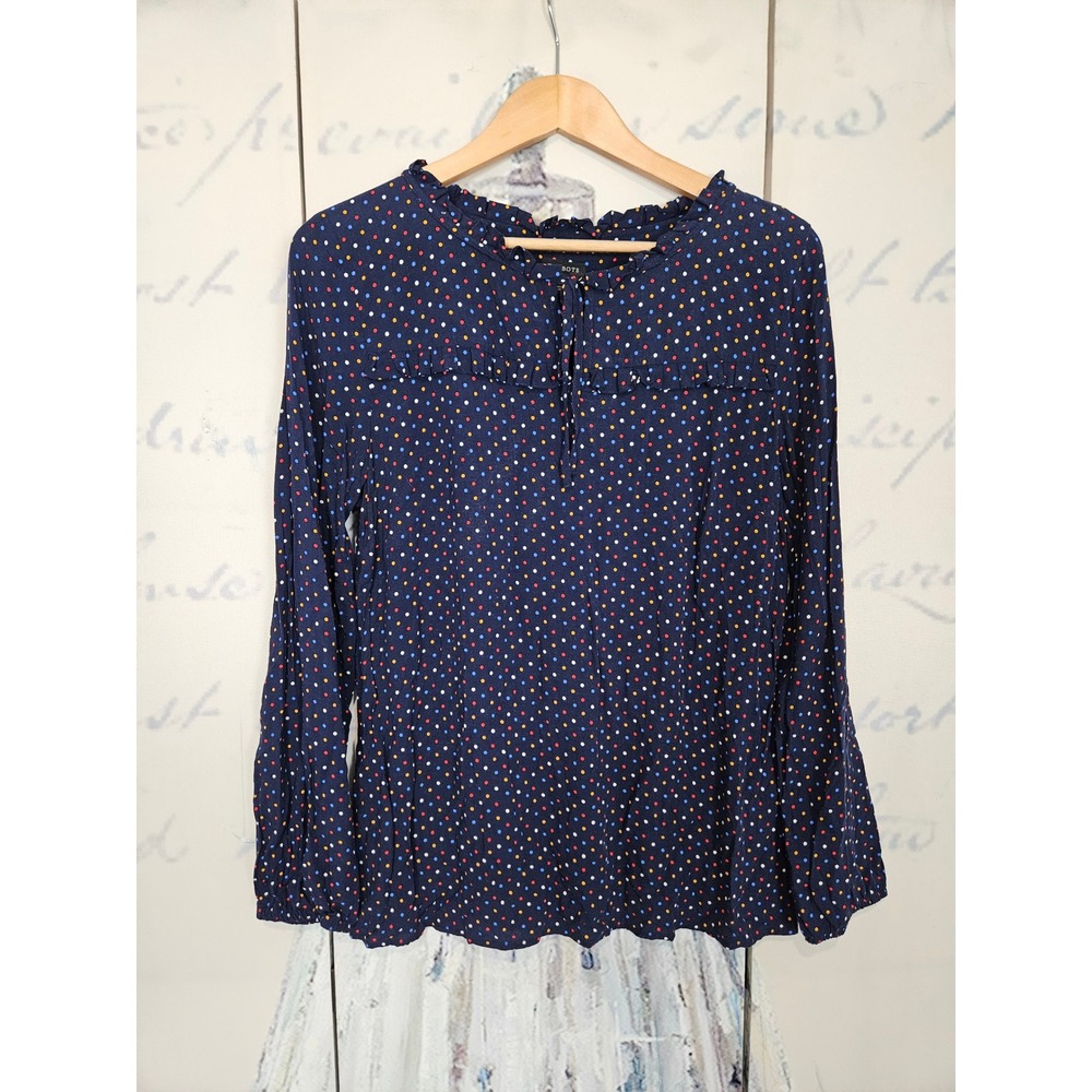 Talbots Polka Dot Blouse Medium Navy Blue Ruffle Keyhole‎ Tie Rayon Top